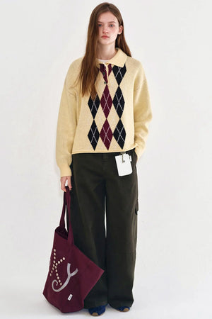 Cream Yellow Argyle Knit Sweater
