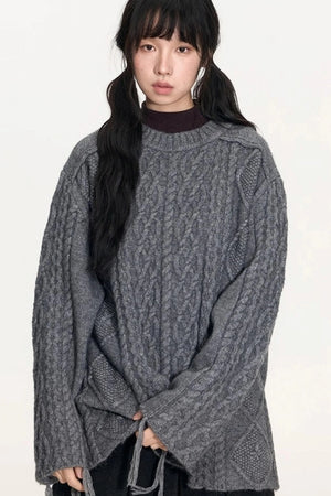 Crew Neck Crochet Cable Knit Sweater