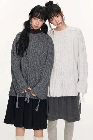 Crew Neck Crochet Cable Knit Sweater