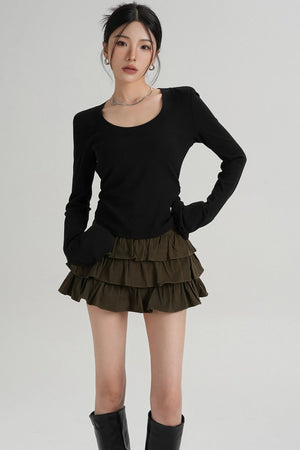 Crew Neck Waist Slimming Long-Sleeved T-Shirt