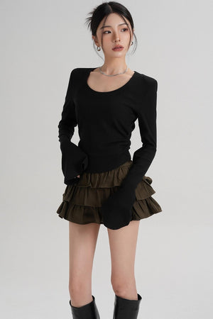 Crew Neck Waist Slimming Long-Sleeved T-Shirt