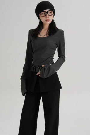 Crew Neck Waist Slimming Long-Sleeved T-Shirt