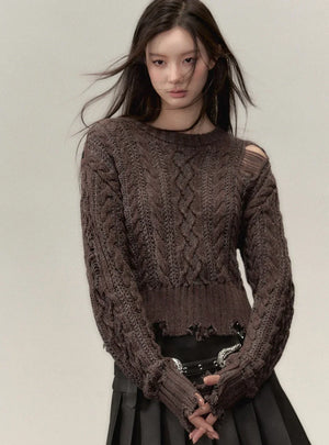 Crewneck ragged languid knit pullover Top