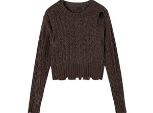 Crewneck ragged languid knit pullover Top