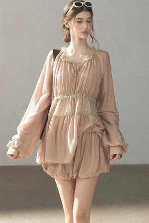 Crinkled Fabric Top and Short Skirt Set