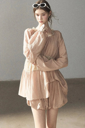 Crinkled Fabric Top and Short Skirt Set