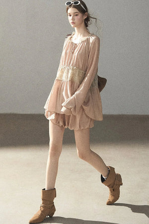 Crinkled Fabric Top and Short Skirt Set