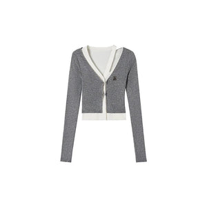 Cropped fake two irregular long sleeve knit top