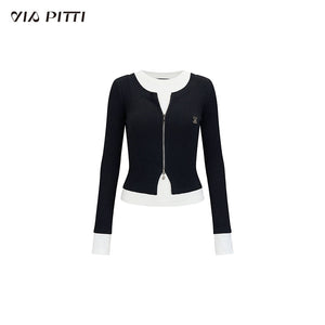 Cropped fake two-piece zipper knit top