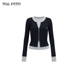 Cropped fake two-piece zipper knit top
