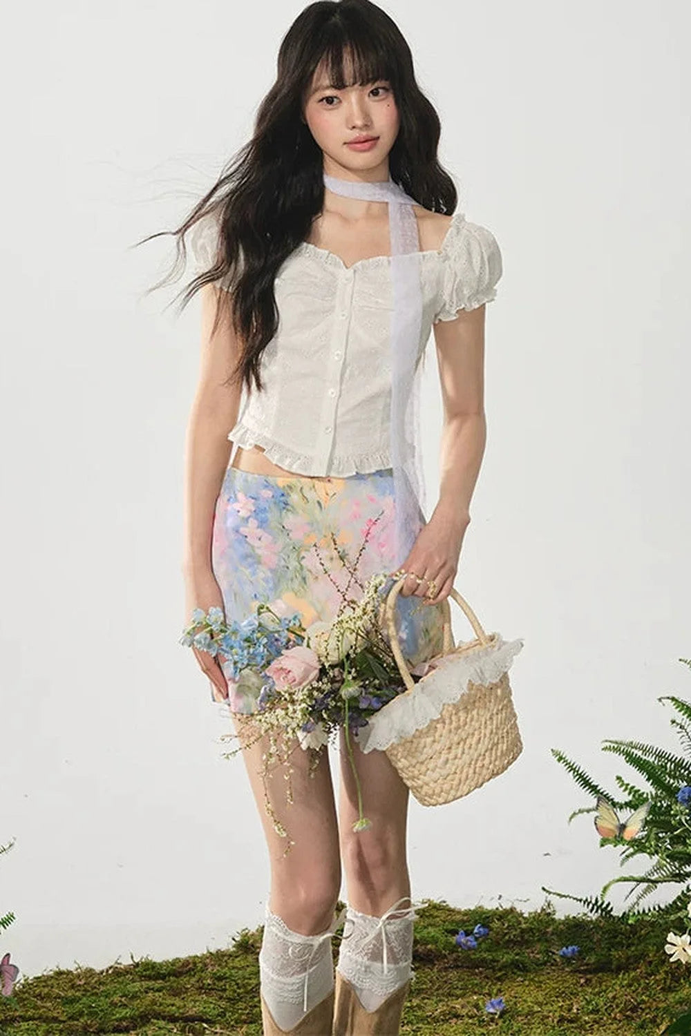 Cropped One-Shoulder Puff Sleeve Blouse