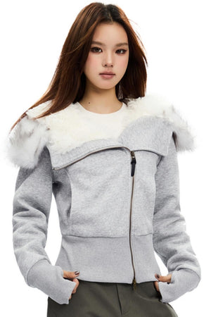 Cropped Slim Fit Fur Collar Cotton Jacket