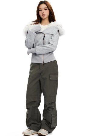 Cropped Slim Fit Fur Collar Cotton Jacket