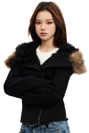 Cropped Slim Fit Fur Collar Cotton Jacket