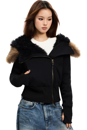 Cropped Slim Fit Fur Collar Cotton Jacket