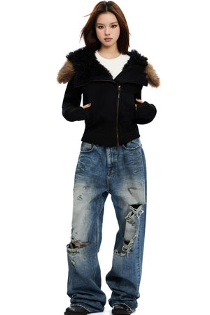 Cropped Slim Fit Fur Collar Cotton Jacket