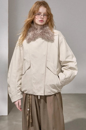 Curved Sleeve Fur Collar Jacket