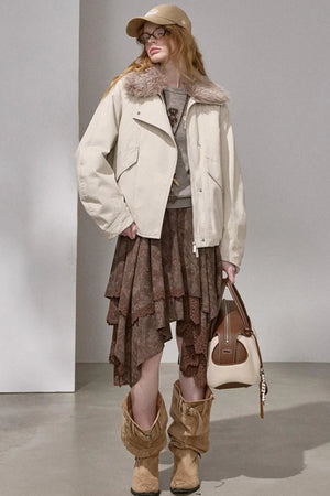 Curved Sleeve Fur Collar Jacket