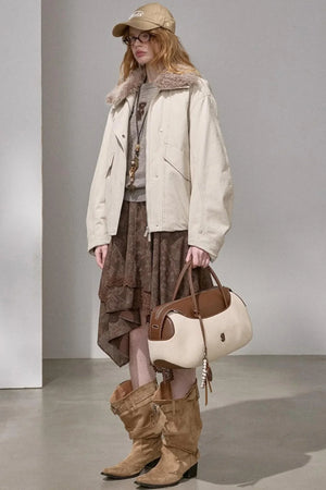 Curved Sleeve Fur Collar Jacket