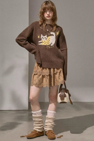 Cute Kitten Crew Neck Knit Sweater