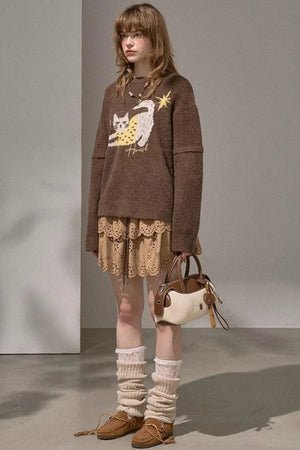 Cute Kitten Crew Neck Knit Sweater