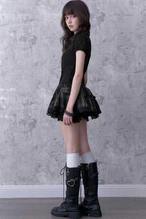 Dark Angel Bear Print Lapel Puff Sleeve Top