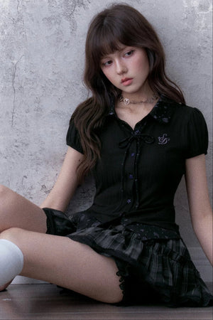 Dark Angel Bear Print Lapel Puff Sleeve Top