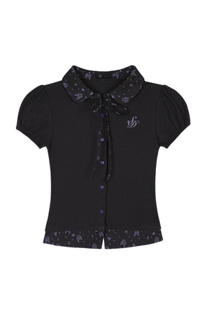 Dark Angel Bear Print Lapel Puff Sleeve Top