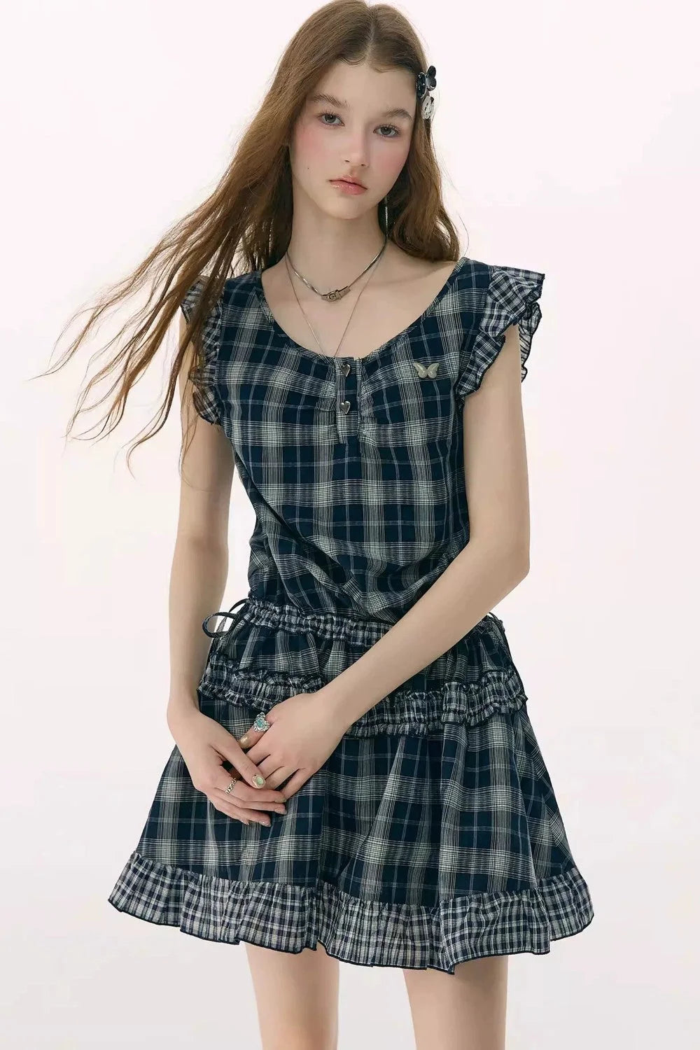 Dark Blue Plaid Flutter-Sleeve Dress