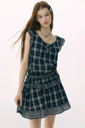 Dark Blue Plaid Flutter-Sleeve Dress