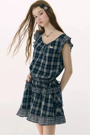 Dark Blue Plaid Flutter-Sleeve Dress