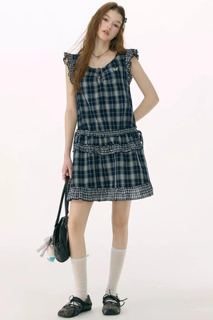 Dark Blue Plaid Flutter-Sleeve Dress