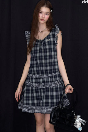 Dark Blue Plaid Flutter-Sleeve Dress
