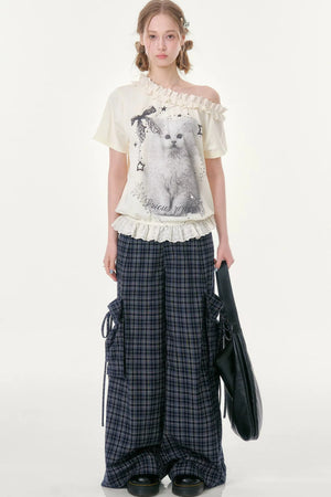 Dark Blue Plaid Wide-Leg Pants