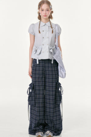 Dark Blue Plaid Wide-Leg Pants