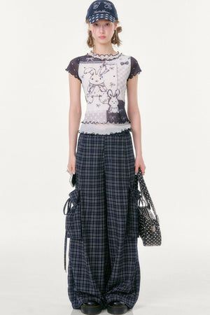 Dark Blue Plaid Wide-Leg Pants