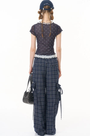 Dark Blue Plaid Wide-Leg Pants