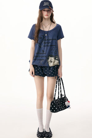 Dark Blue Polka Dot High Waist Shorts