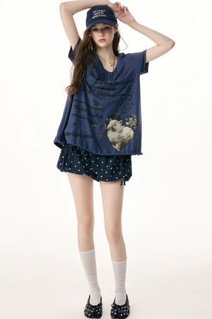 Dark Blue Polka Dot High Waist Shorts