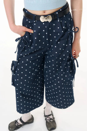 Dark Blue Polka Dot Wide-Leg Pants