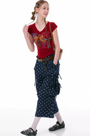 Dark Blue Polka Dot Wide-Leg Pants