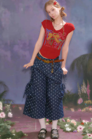 Dark Blue Polka Dot Wide-Leg Pants