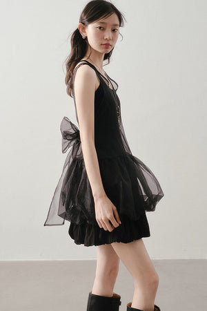 Dark Bow Mesh Blouse And Camisole Set