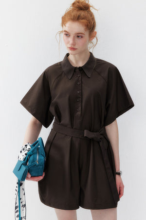 Dark Brown Lapel Wide-Leg Jumpsuit