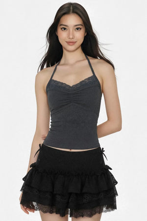 Dark Gray Lace Ruched Top