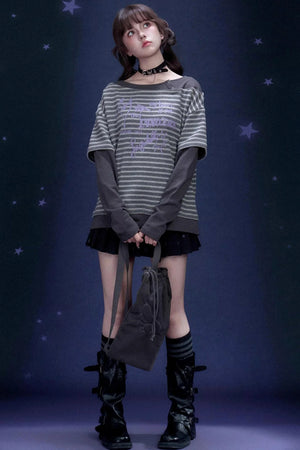 Dark Gray Striped Graffiti Print Top