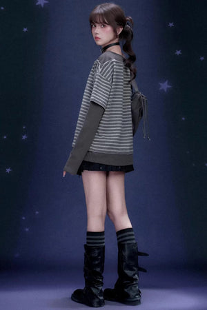 Dark Gray Striped Graffiti Print Top