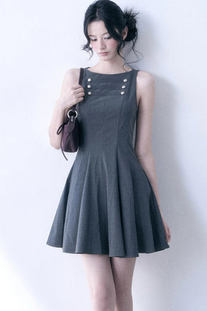 Decorative Button Sleeveless Flared Dress