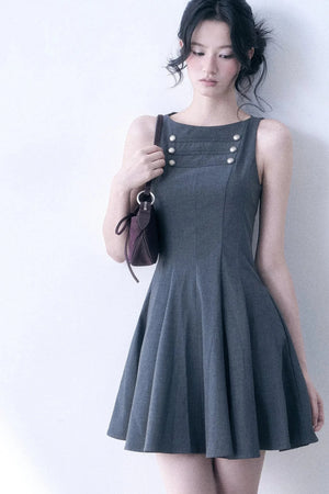 Decorative Button Sleeveless Flared Dress