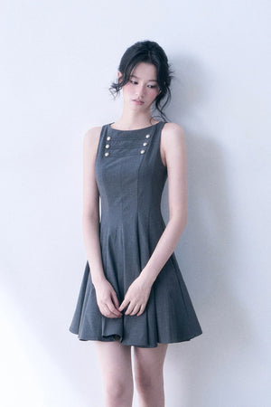 Decorative Button Sleeveless Flared Dress